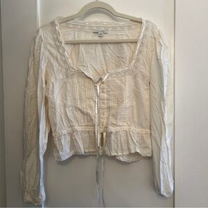 American Eagle Outfitters Cream Tie Front Ruffled Blouse